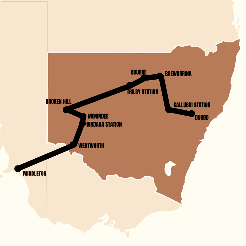 Great Rivers Tour route map showing stops across inland New South Wales and Mildura