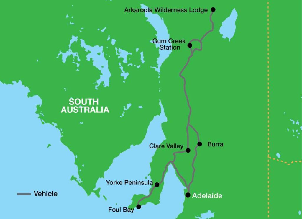 Route map linking Adelaide, Yorke Peninsula, Clare Valley, Gum Creek Station, Arkaroola and Burra