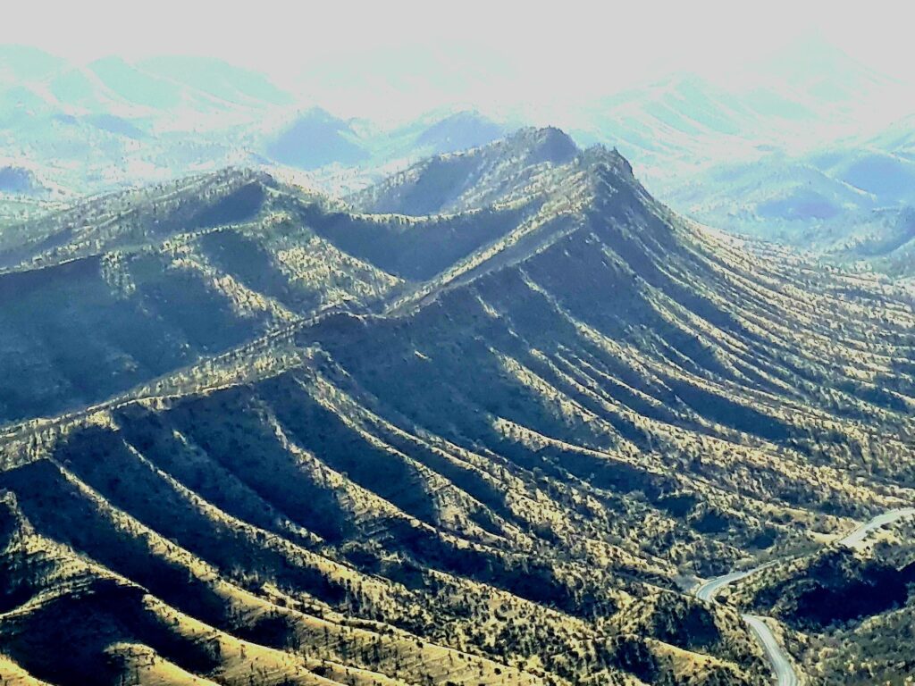 Folded ridges and steep rock formations across the Flinders Ranges