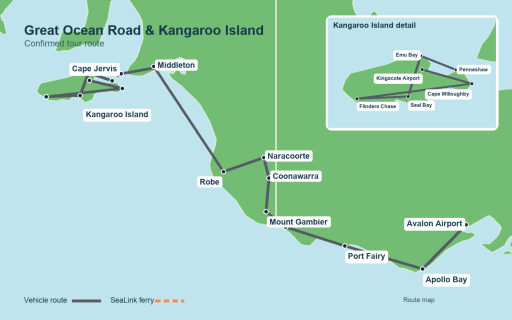 Route map from Avalon along the Great Ocean Road and Limestone Coast to the Fleurieu Peninsula and Kangaroo Island